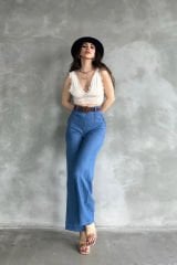 Beli Kemerli Keten Pantolon  Mavi