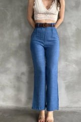 Beli Kemerli Keten Pantolon  Mavi