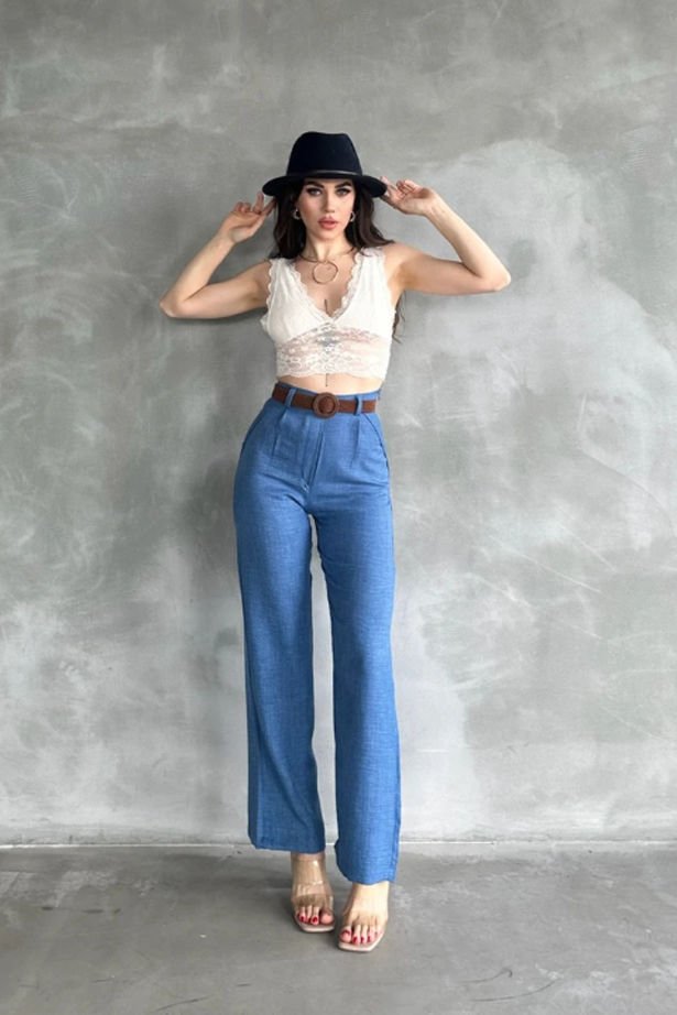 Beli Kemerli Keten Pantolon  Mavi