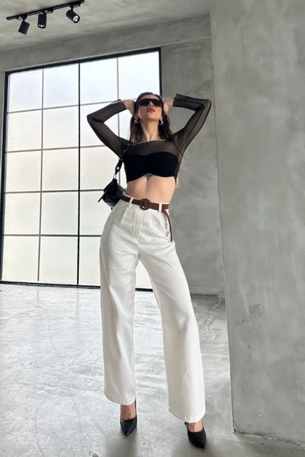 Beli Kemerli Keten Pantolon  Beyaz