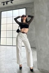 Beli Kemerli Keten Pantolon  Beyaz