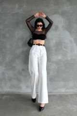Beli Kemerli Keten Pantolon  Beyaz