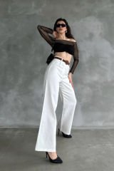 Beli Kemerli Keten Pantolon  Beyaz