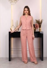 Düğme Detaylı Yelekli Takım Pudra