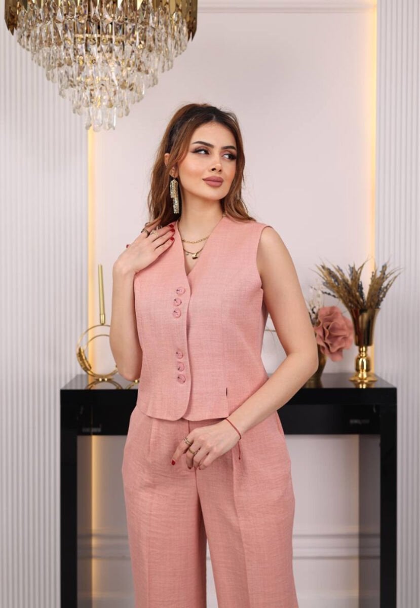 Düğme Detaylı Yelekli Takım Pudra