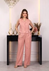 Düğme Detaylı Yelekli Takım Pudra
