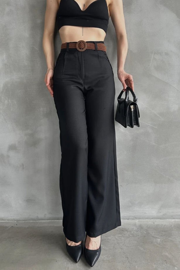 Beli Kemerli Keten Pantolon  Siyah