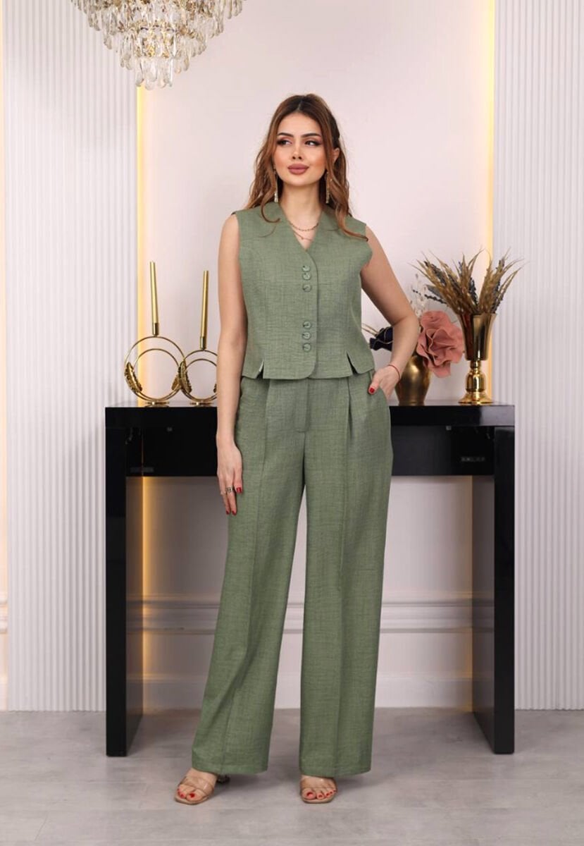 Düğme Detaylı Yelekli Takım Yeşil