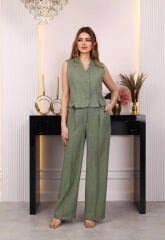 Düğme Detaylı Yelekli Takım Yeşil