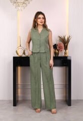 Düğme Detaylı Yelekli Takım Yeşil