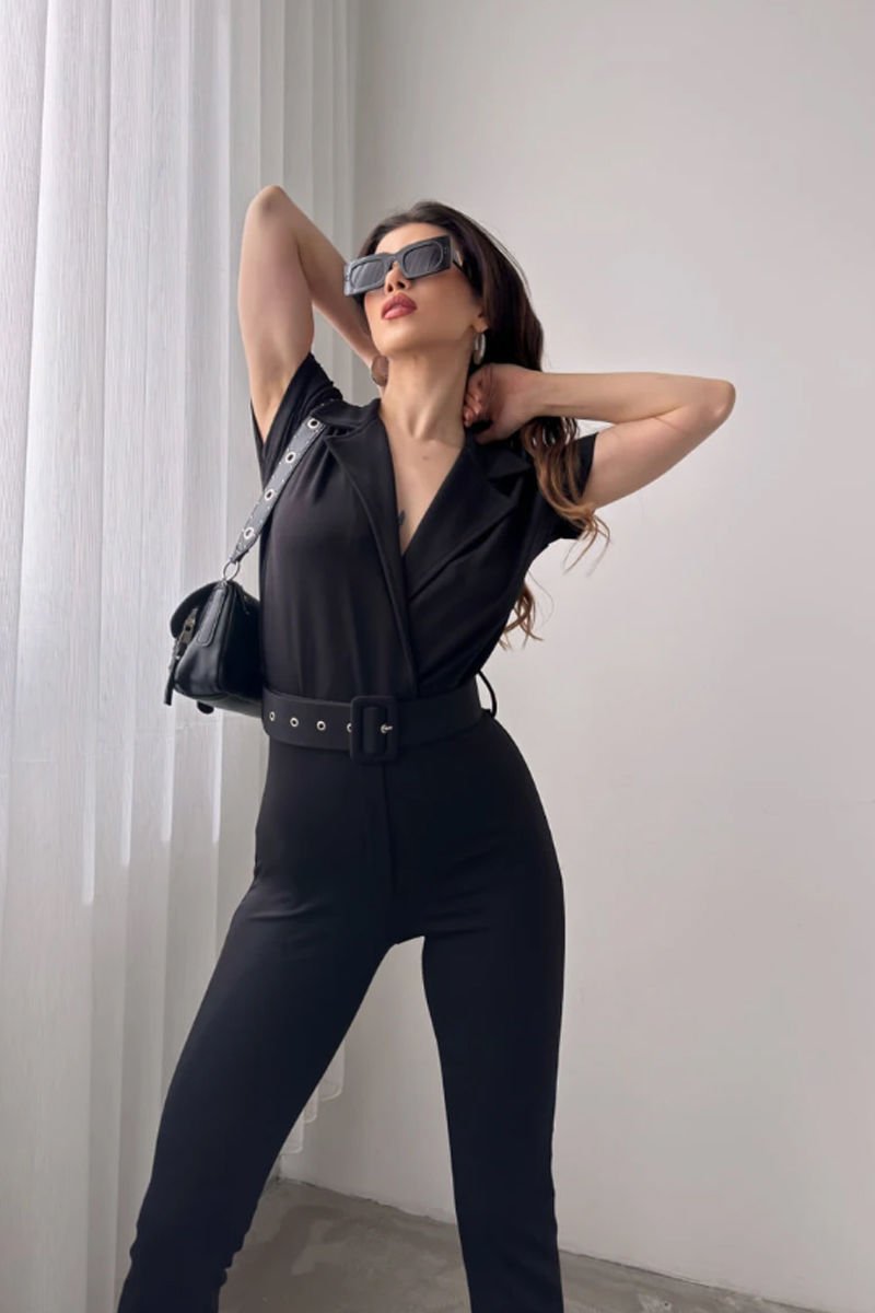 Yakalı Beli Kemerli Tulum Siyah