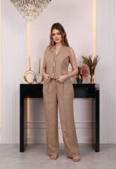 Düğme Detaylı Yelekli Takım Kahve