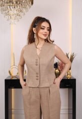 Düğme Detaylı Yelekli Takım Kahve