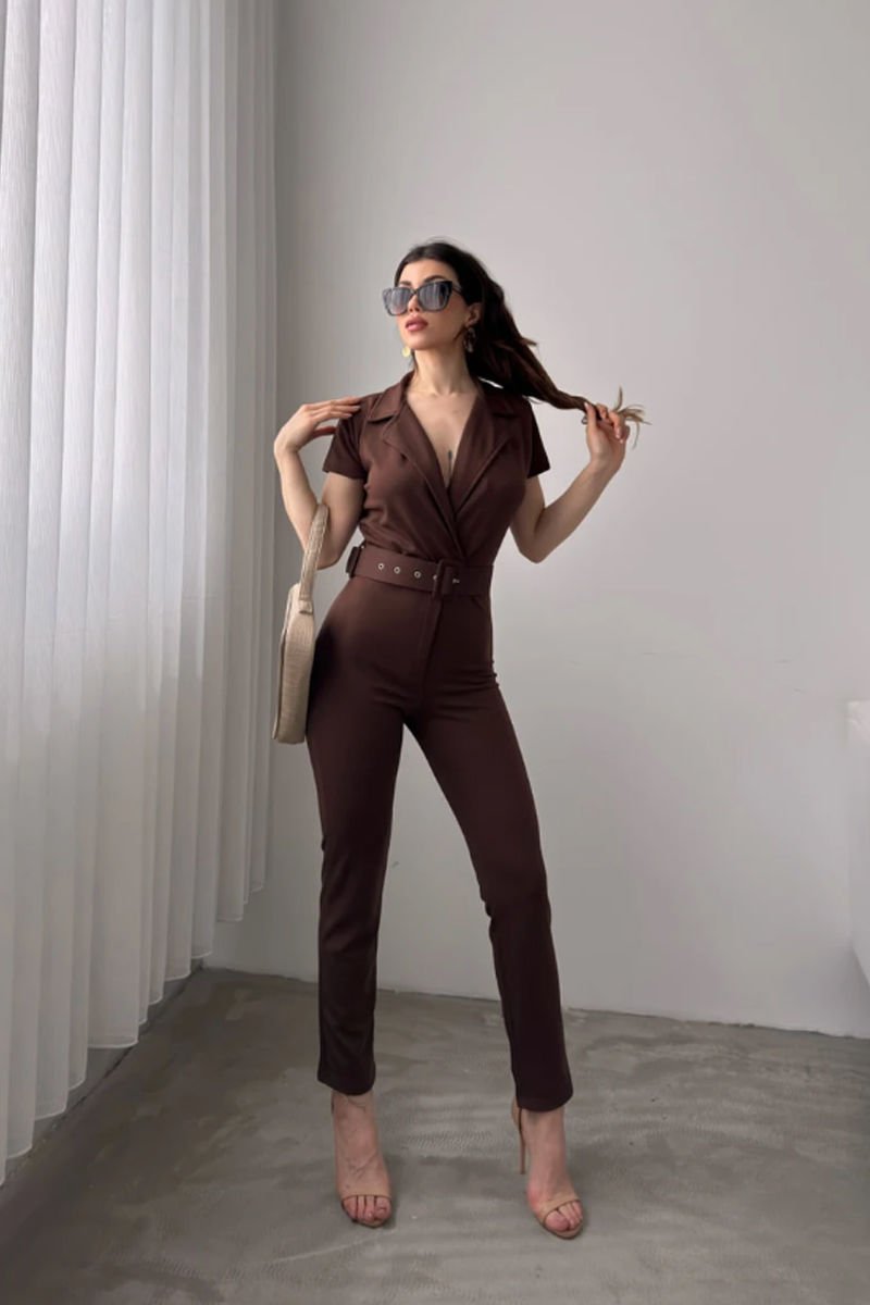 Yakalı Beli Kemerli Tulum Kahverengi