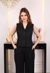 Düğme Detaylı Yelekli Takım Siyah