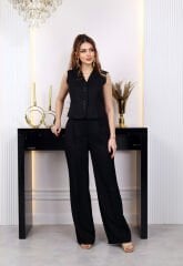 Düğme Detaylı Yelekli Takım Siyah