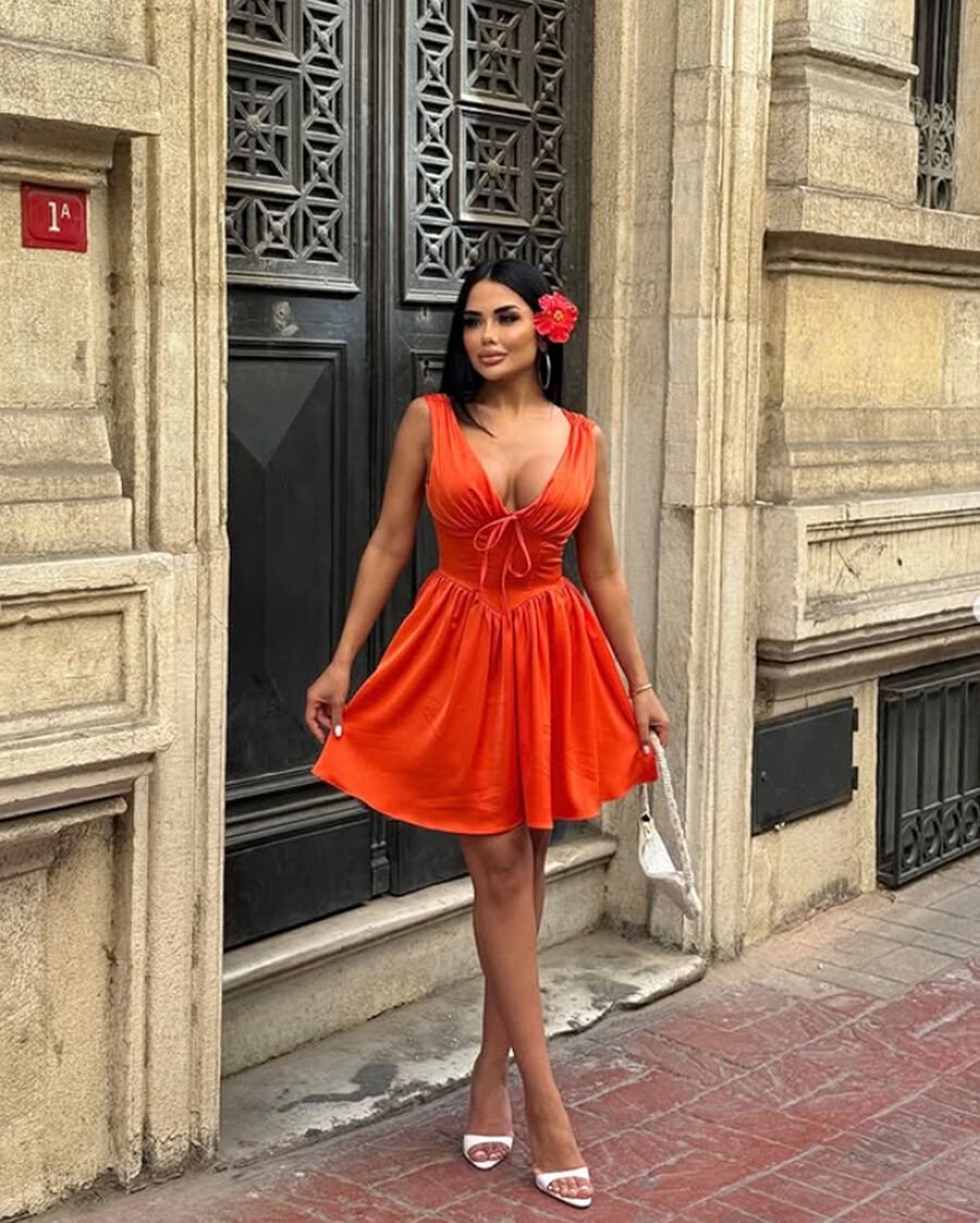Saten Mini Elbise Turuncu