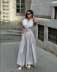 Maria Likralı Poplin Elbise Gri