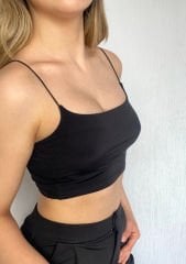 İp Askılı Crop Buzzy Bluz Siyah