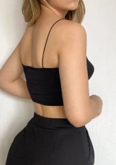 İp Askılı Crop Buzzy Bluz Siyah